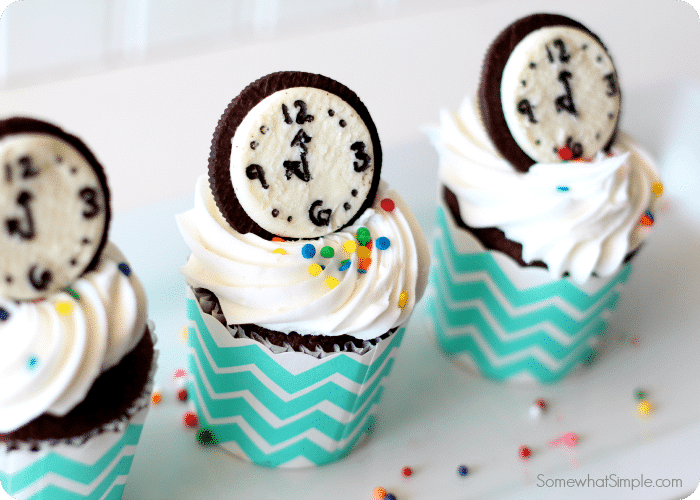 3 New Years cupcakes on a tray