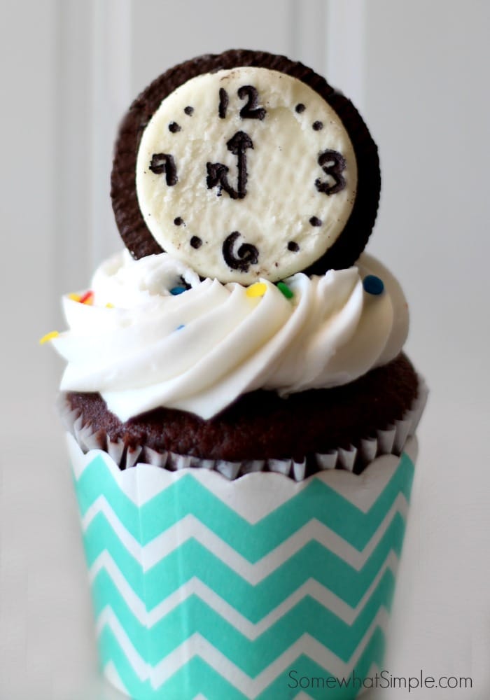 close up of a new year's eve cupcake with a clock made from an oreo