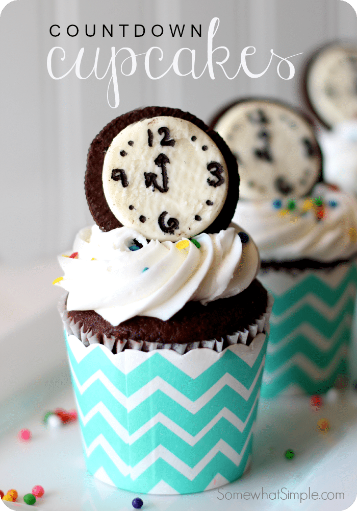 These new year's eve countdown cupcakes are a festive way to ring in the new year.  Made with everyone's favorite Oreo cookies, your party guests will absolutely love these cupcakes! These are the perfect dessert to serve on New Year's Eve. via @somewhatsimple