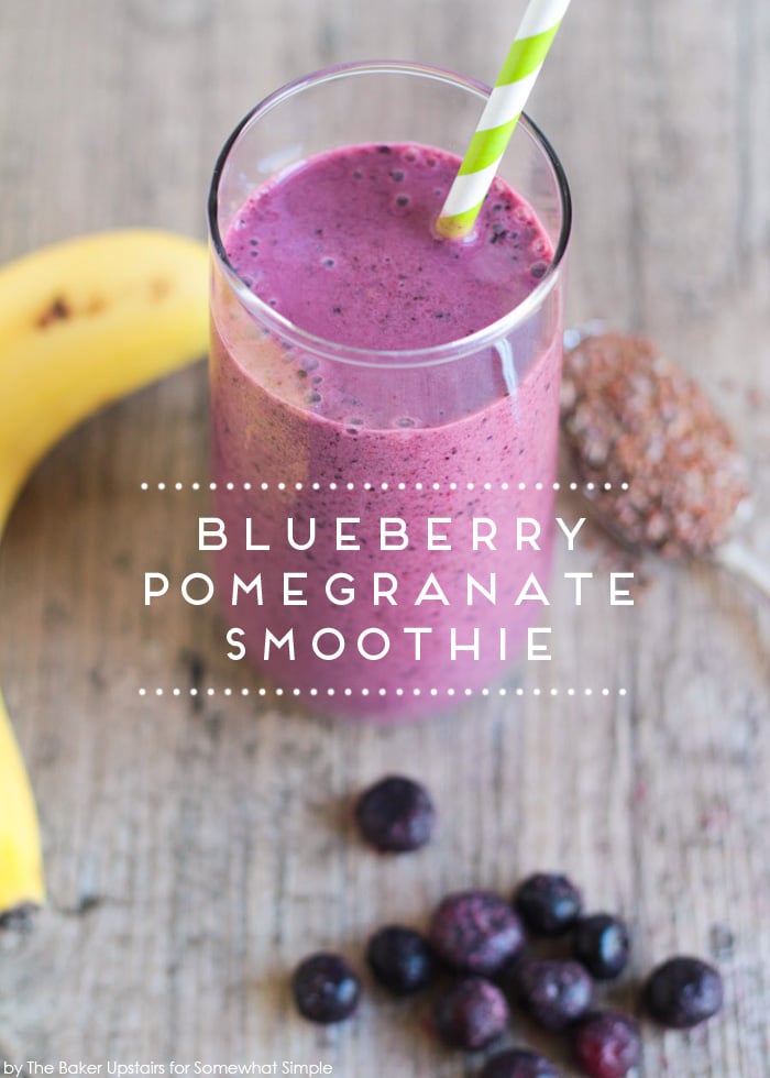 Smoothies are an easy and healthy idea for breakfast or a snack.  Filled with fresh fruit and other simple ingredients, this blueberry pomegranate smoothie recipe is a delicious way to get your vitamins. via @somewhatsimple