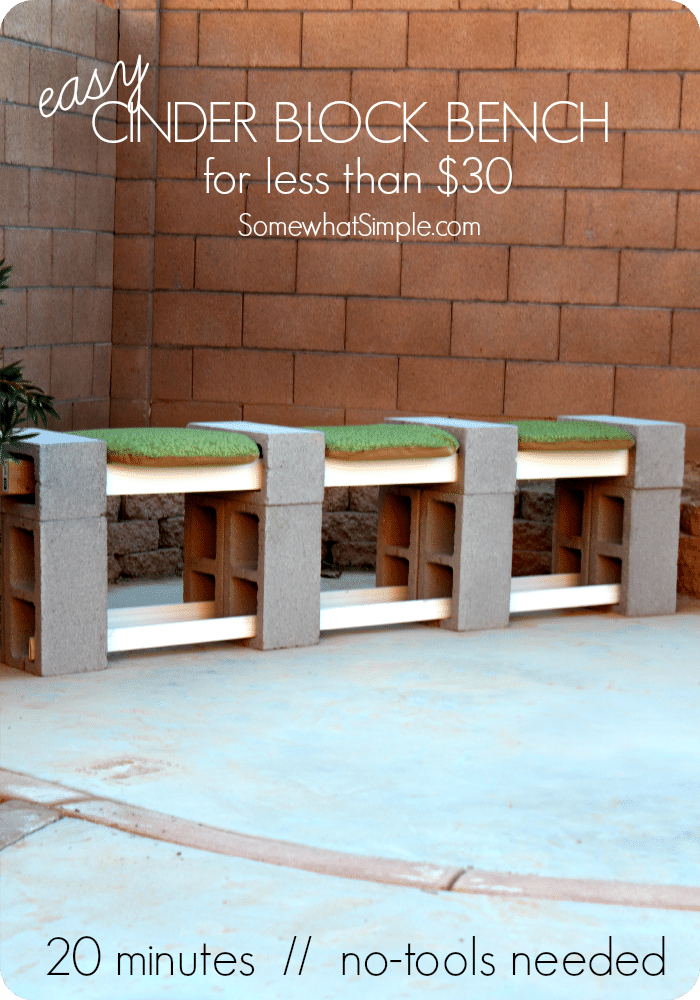 This easy tutorial will show you how to make a cinder block bench in 20 minutes for less than $30! With easy step by step instructions, you'll have it finished in no time! #cinderblockbench #diyhomedecor #easycinderblockbench #howtomakeacinderblockbench #cinderblockbenchideas via @somewhatsimple