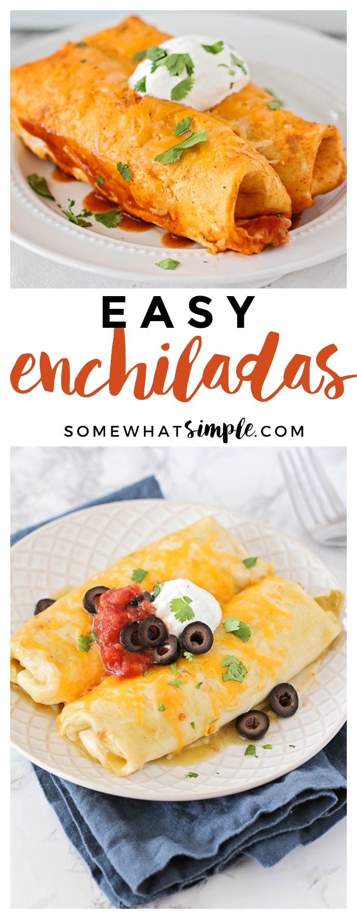 Making enchiladas doesn't have to be something that takes all day and requires a ton of ingredients!!! Here is our easy enchiladas recipe with the BEST homemade AND store-bought enchilada sauces. (And trust me, we've tried them ALL!) #enchiladas #dinner #recipe #enchiladas