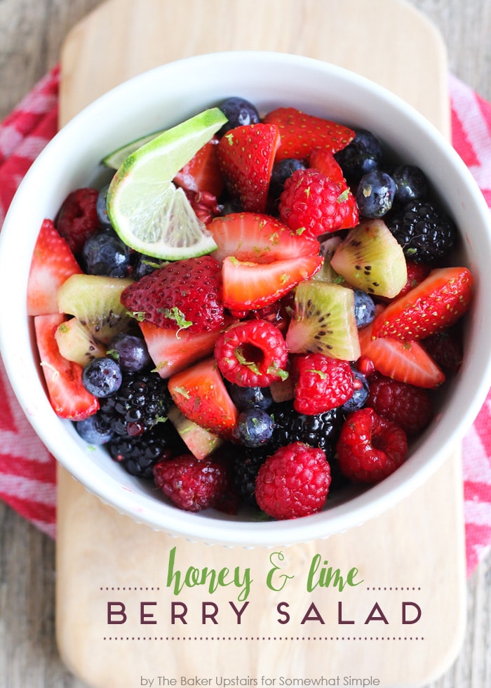 One of my very favorite ways to serve my family berries is this simple and delicious honey lime fruit salad. This berry salad takes only a few minutes to make (basically just the time to rinse and chop the fruit) and it is packed with flavor!  #berryfruitsalad #honeylimeberryfruitsaladrecipe #fruitsalad #berrysalad #honeylime via @somewhatsimple