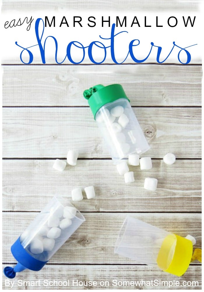 Easy marshmallow shooters tutorial.  This fund activity will keep the kids entertained for hours and it's so fun, even you may join in!  #kidscraft #kidsactivity #diy #marshmallowshooter #diymarshmallowshooter via @somewhatsimple