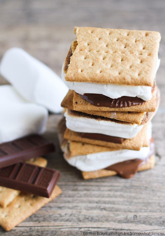 A stack of smores made with graham crackers, marshmallows and chocolate
