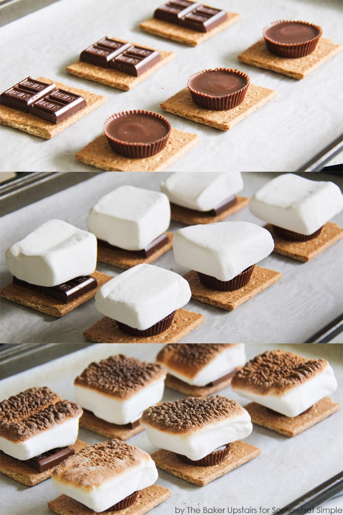 a step by step collage showing how to make s'mores indoors in your oven