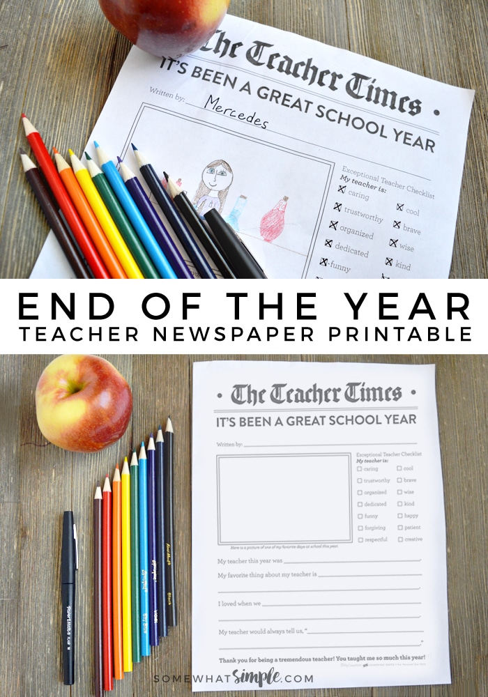 This End of the Year Teacher Newspaper is a great way for kids to tell their teachers thanks for being so awesome! via @somewhatsimple