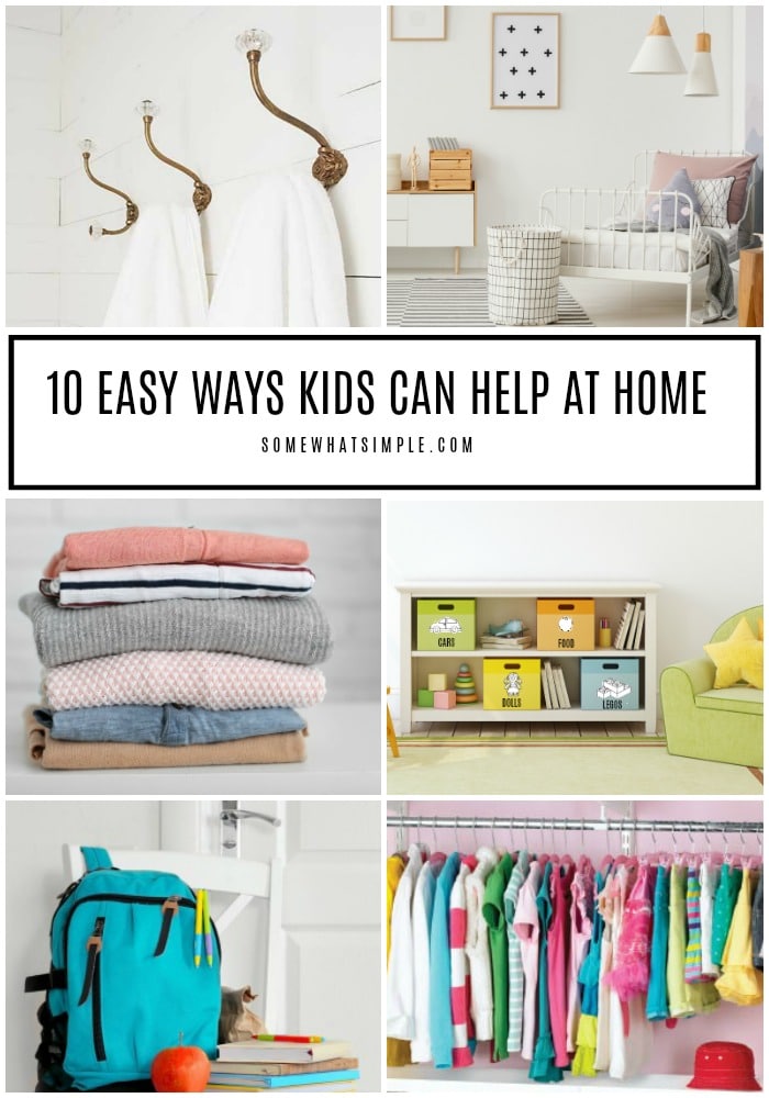 Help your home stay clean and more organized while building confidence along the way! Here are 10 simple chores for kids! #chores #kidschores #cleaning #organizing via @somewhatsimple