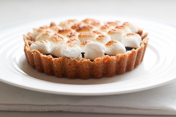 Mini S'mores Tart on a white plate with toasted marshmallows