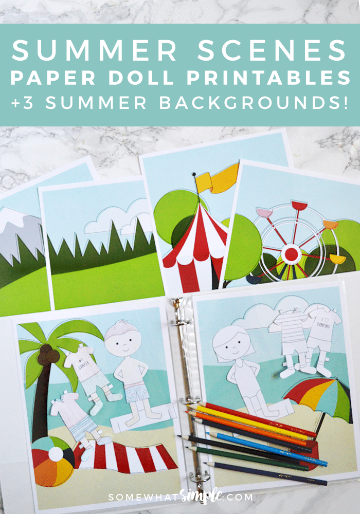 These paper doll printables are a perfect way to combat summer boredom and spark children's imaginations! Color the paper dolls + enjoy our colorful scenes! via @somewhatsimple