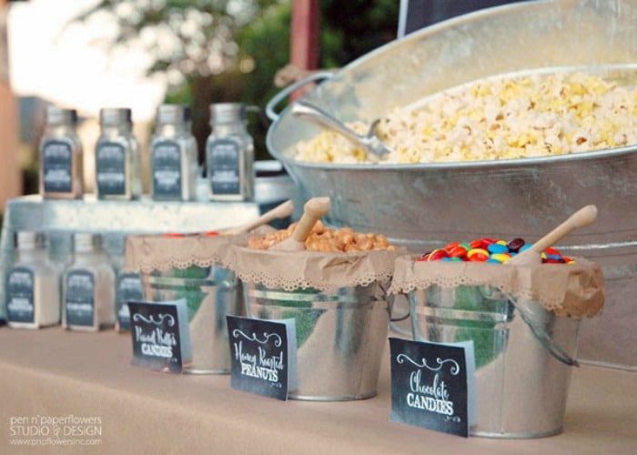 this popcorn and candy bar make a perfect dessert idea for a summer bbq