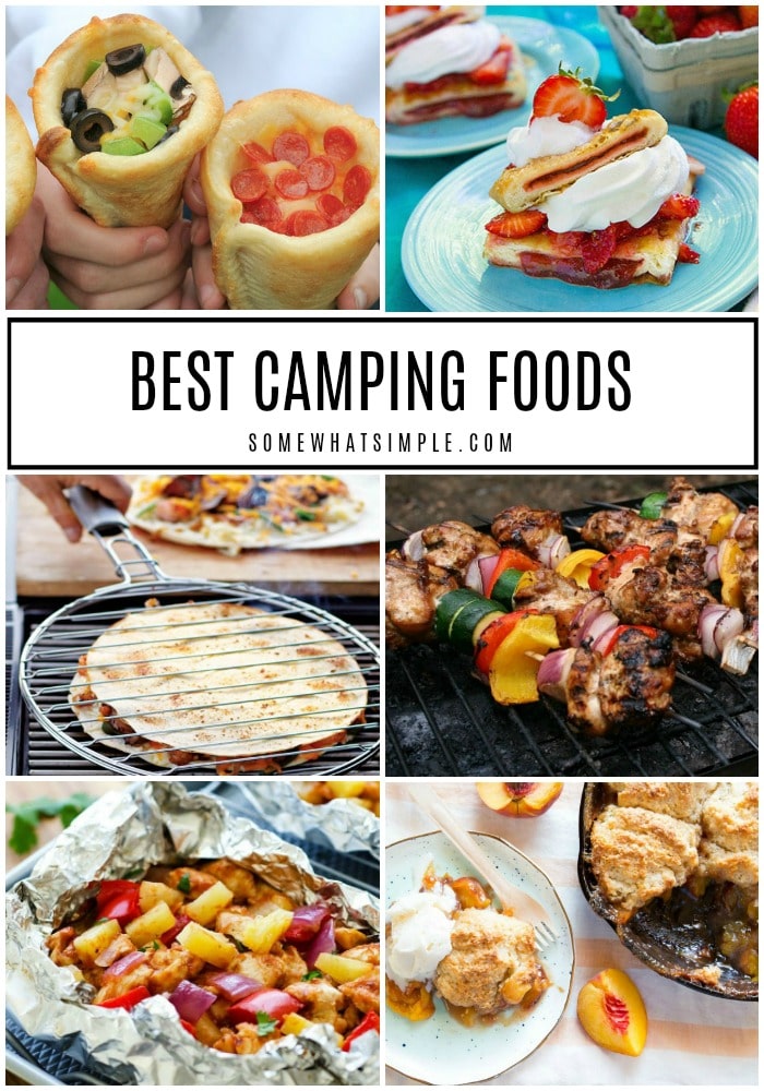 a collage of several pictures of the Best Camping Food you can take on your camp out.