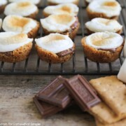 several mini smores bites fresh from the oven sitting on a cooling rack. a few pieces of chocolate, marshmallows and graham crackers are piled in front of the rack.