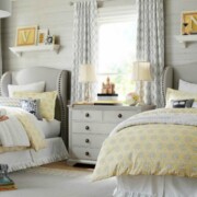 gray and yellow bedding
