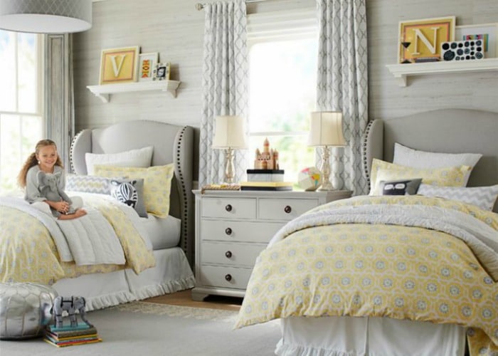 gray and yellow bedding