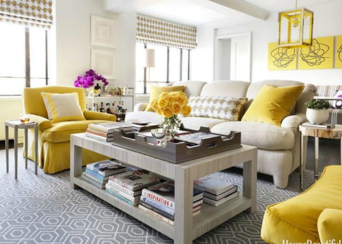 gray and yellow living room