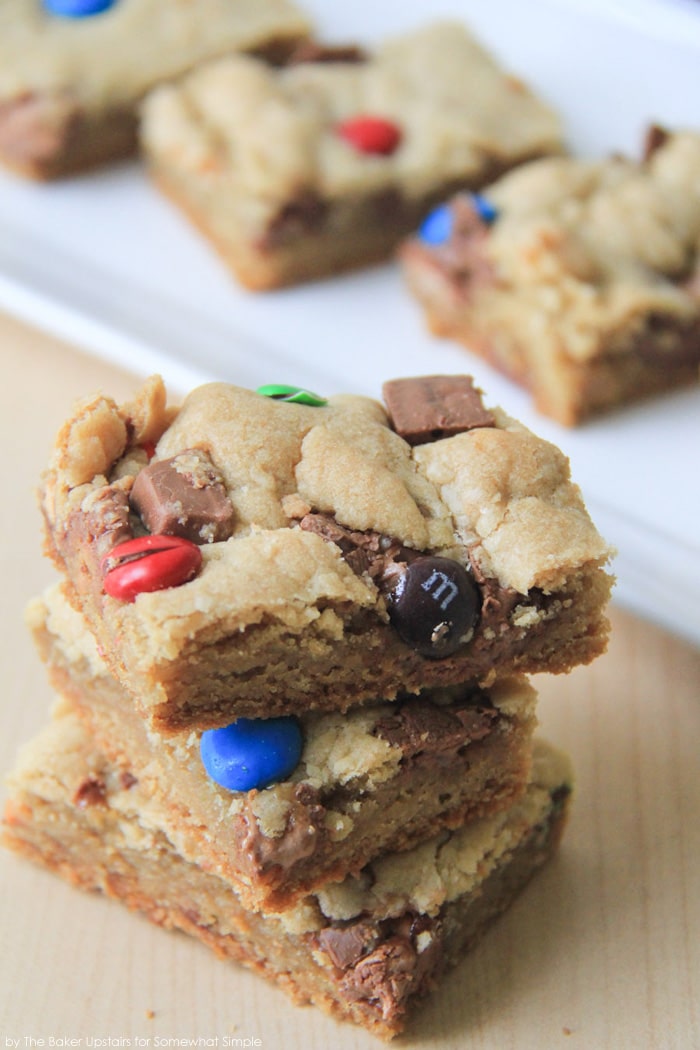 Candy Bar Blondies squares stacked