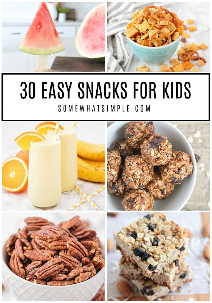 Keep those stomachs from getting too grouchy with a few new snack foods! We're sharing 30 of our favorite EASY snacks for kids! #snack #ideas #healthy #easysnacks via @somewhatsimple