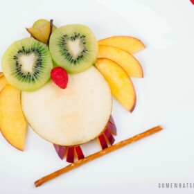 a bird made with slices of apples, kiwi, grapes and a pretzel is a fun Snack for Kids