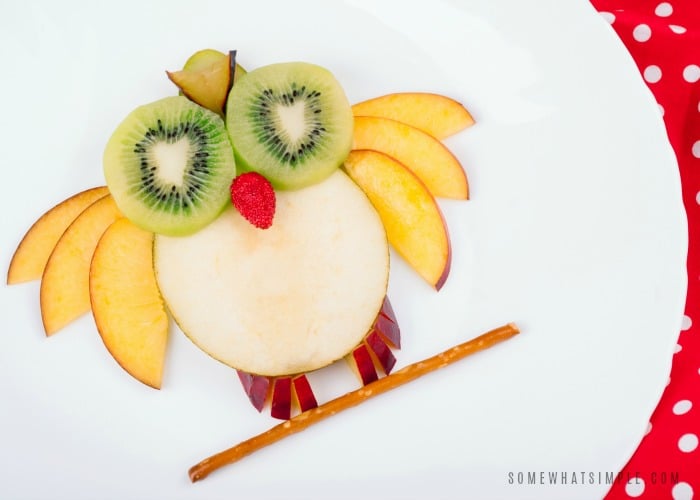 a bird made with slices of apples, kiwi, grapes and a pretzel is a fun Snack for Kids