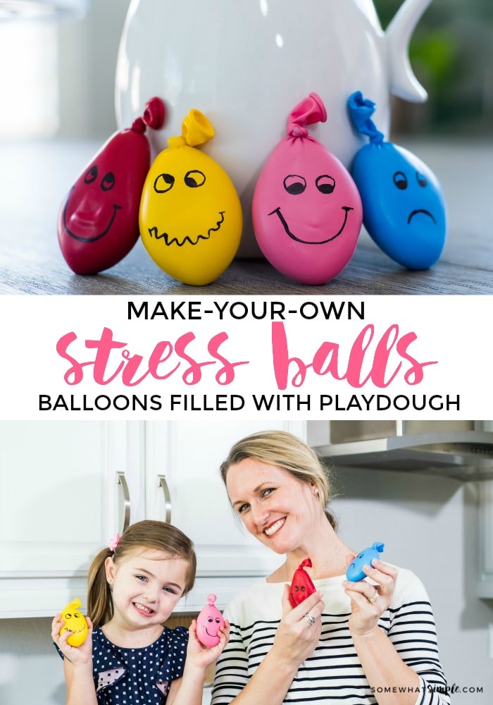 two images with the first showing 4 homemade stress balls for kids that have faces drawn on them and the other is a mom and her daughter holding a wacky sack in each hand