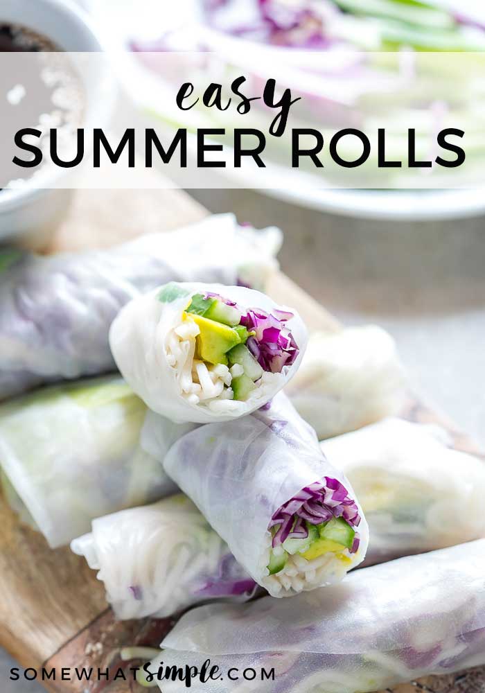 These summer rolls are super easy make and are perfect for either lunch or dinner!  These rolls are super healthy and are vegan, gluten and nut-free so just about anyone an enjoy them! #summerrolls #authenticsummerrolls #glutenfree #vegan #nutfree #vietnamesesummerrolls via @somewhatsimple