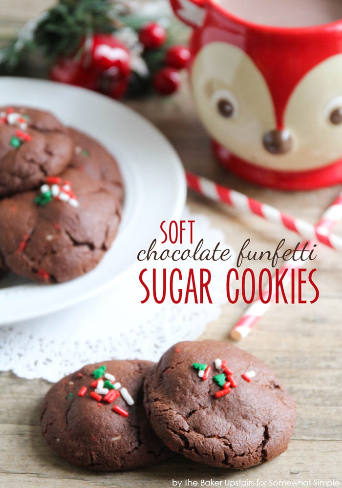 These holiday funfetti chocolate sugar cookies are half cookie, half brownie and they are super simple to make! These cookies turn out soft and fluffy and are the perfect Christmas treat. via @somewhatsimple