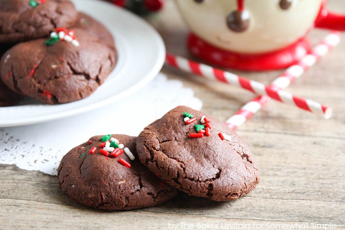 Two Funfetti Chocolate Sugar Cookies on a table.