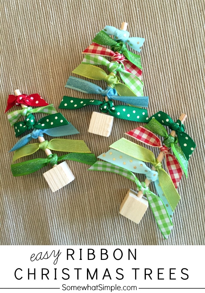 The holiday season is my favorite time of year to make things crafts with my kids.  This easy ribbon Christmas tree craft is a fun project to do with your children. #easychristmascraft #ribbonchristmastreecraft #diyribbonchristmasree #ribbonchristmastreeforkids #ribbonchristmastreeidea via @somewhatsimple