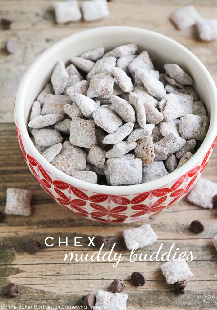 Chex Muddy Buddies is a classic snack mix made with chocolate, peanut butter, and powdered sugar. It's easy to make, weirdly addicting, and totally delicious! via @somewhatsimple