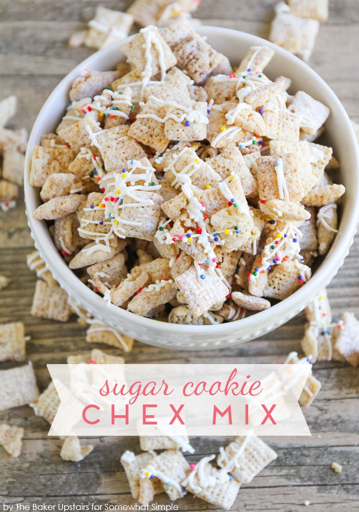 This sugar cookie Chex mix recipe is a delicious twist on an old snack that you and your family will love!  All of the delicious flavors of a sugar cookie in a delicious snack mix. #sugarcookiechexmix #easychexmixrecipe #sweetchexmix #chexmixrecipes #bestchexmix via @somewhatsimple