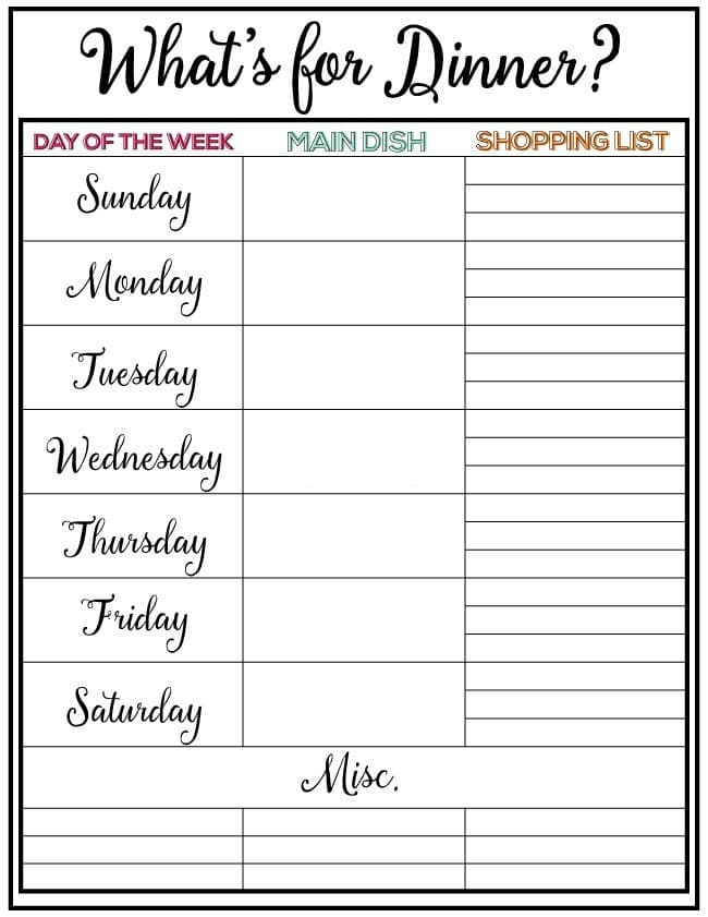 weekly menu plan free printable