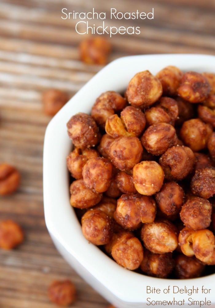 Sriracha roasted chickpeas are simple to make, but difficult to stop eating!  Made with fresh chickpeas and roasted to perfection, they make a healthy and delicious snack. #srirachachickpeas #roastedsrirachachickpeas #chickpeasrecipe #roastedchickpeasrecipe #sriracharoastedchickpeasrecipe via @somewhatsimple