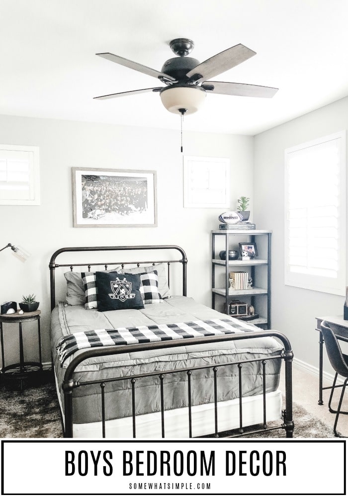 Upgrade your boy's bedroom with a design that both of you will LOVE! Here's how to create a boy's hockey room that is simple, practical, and totally his style! via @somewhatsimple