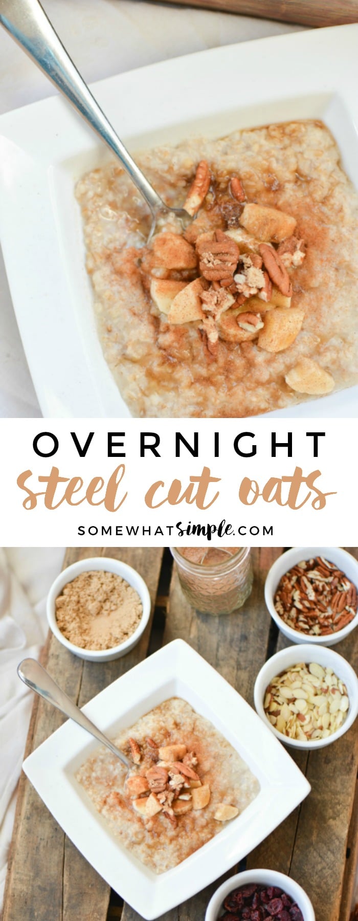 This overnight steel cut oats recipe is a mother's dream! Take a few minutes in the evening to prepare a pot of overnight oatmeal, and you'll wake up to a healthy breakfast that keeps your kids satisfied until lunch!  via @somewhatsimple