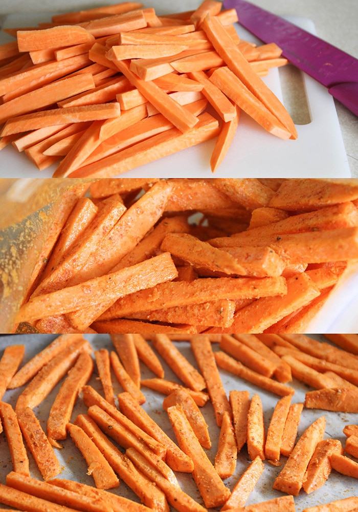 slices of raw Sweet Potato Fries on a cutting board and baking sheet that have been seasoned and ready to bake in the oven