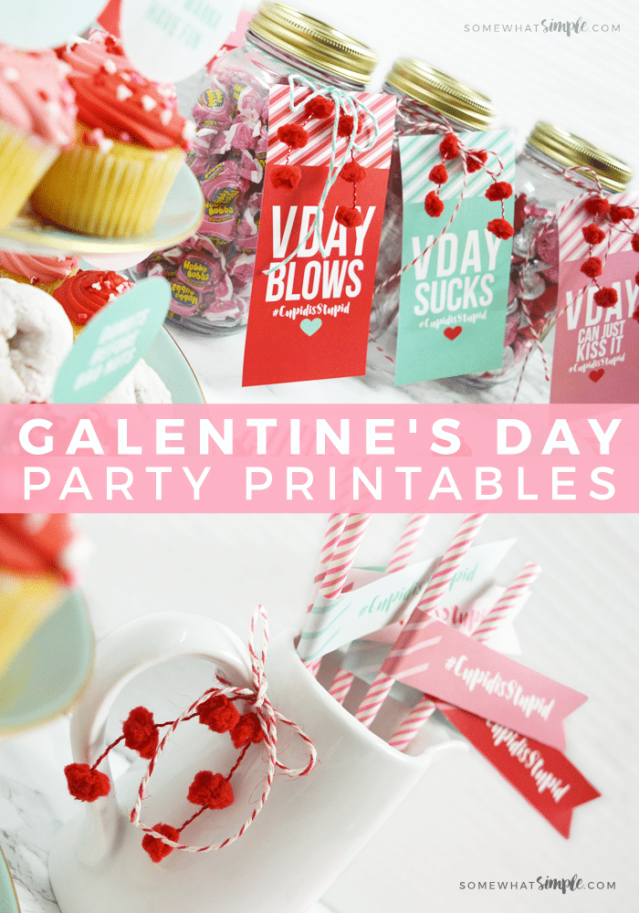 Galentine's Day Party collage of ideas - jars filled with candies and desserts on a tiered dessert tray