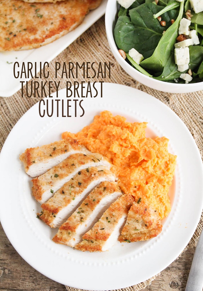 Garlic Parmesan turkey cutlets are healthy and super simple to make! Baked to perfection with a delicious crust, it's the perfect crowd-pleasing meal for a busy night! This recipe is super easy to make and a perfect way to use up any leftover turkey. via @somewhatsimple