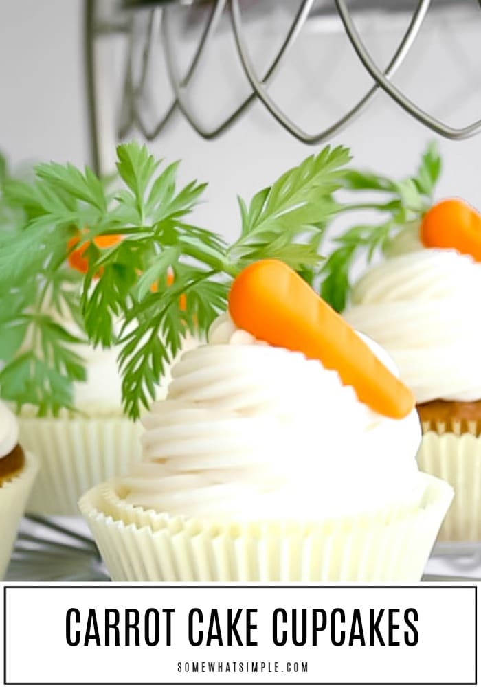 Our favorite carrot cake recipe, in smaller cupcake form! These Carrot Cake Cupcakes are topped with a delicious cream cheese frosting that tastes amazing! They are the perfect treat for Easter, spring bake sales, or a simple afternoon treat! #cupcakes #spring #easter #carrotcake #carrotcakecupcakes #springcupcakes #eastercupcakes via @somewhatsimple