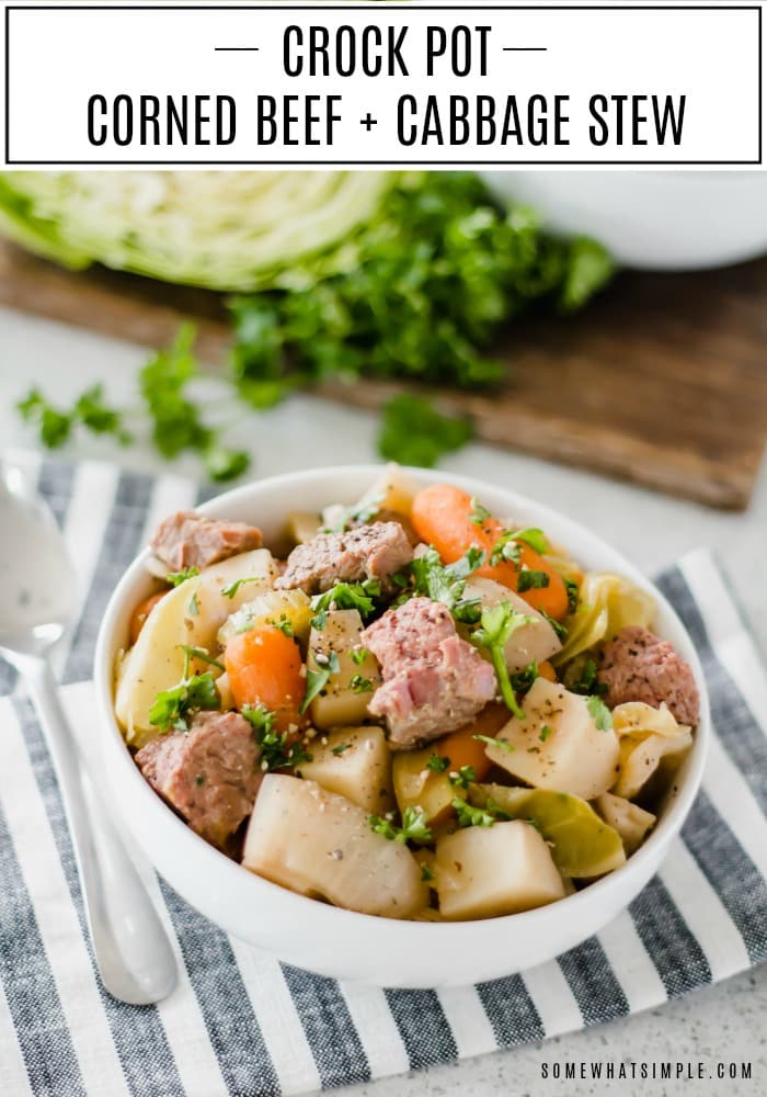 Slow cooker corned beef and cabbage is an easy St. Patrick's Day meal.  Filled with tender corned beef, cabbage and other delicious vegetables and spices, this simple recipe only takes minutes to prepare and your house will be filled with the delicious aroma all day. #cornedbeefandcabbage #howtomakecornedbeefandcabbeinthecrockpot #slowcookercornedbeefandcabbage #cornedbeefandcabbagerecipe via @somewhatsimple