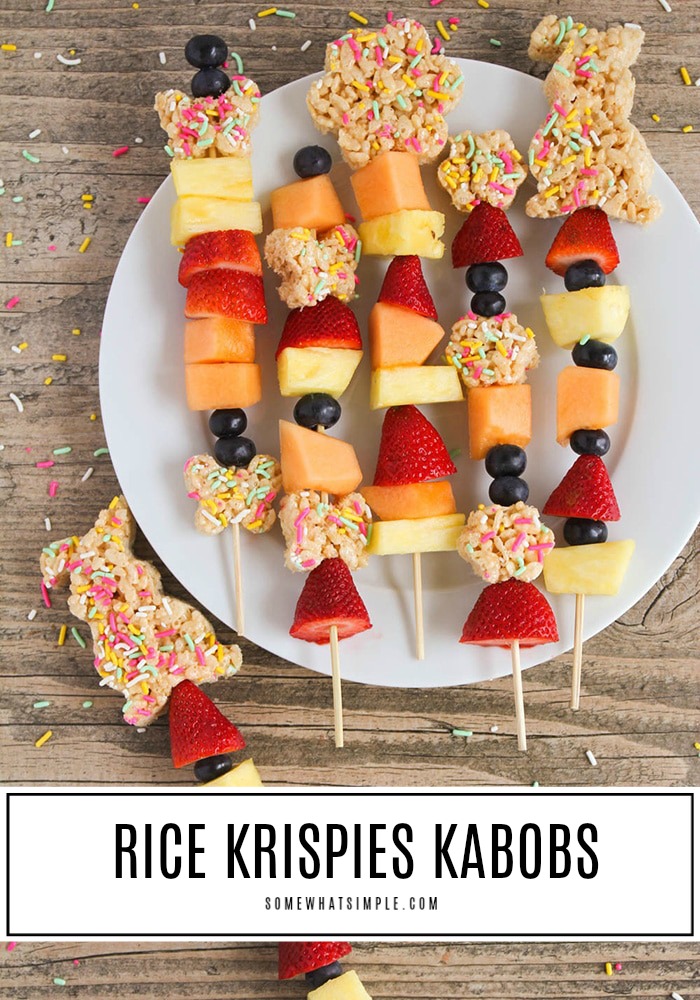 These delicious Rice Krispies Kebabs are the perfect Easter snacks for all your springtime celebrations! They are delicious, fresh, and so simple to make! Grab the kids - they can help too! #EasterTreat #EasterSnack #Easterkebab #Kabob #RiceKrispies  via @somewhatsimple