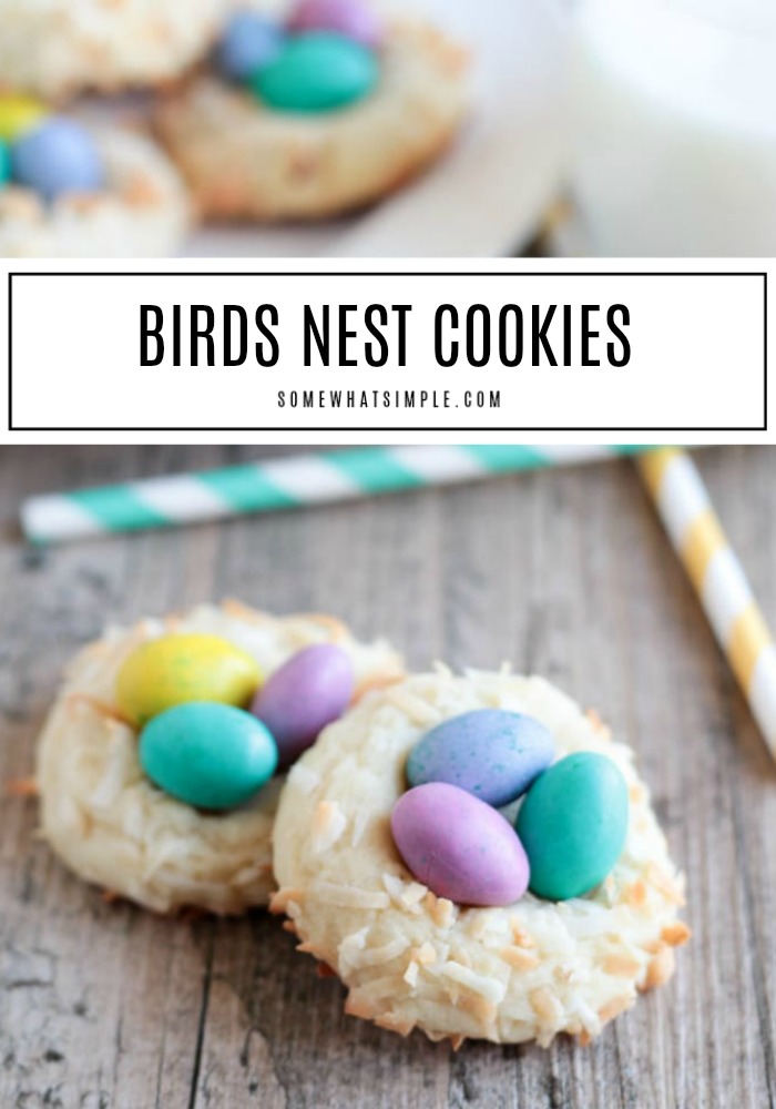 a close up of two bird's nest cookies sitting on a wooden counter. Each bird's nest cookie has three different pastel colored chocolate eggs in the center. Two striped pastel straws are on the counter next to the cookies and above the straws are a white plate filled with more bird's nest cookies. In the center of the image in a white box are written the words Birds Nest Cookies.