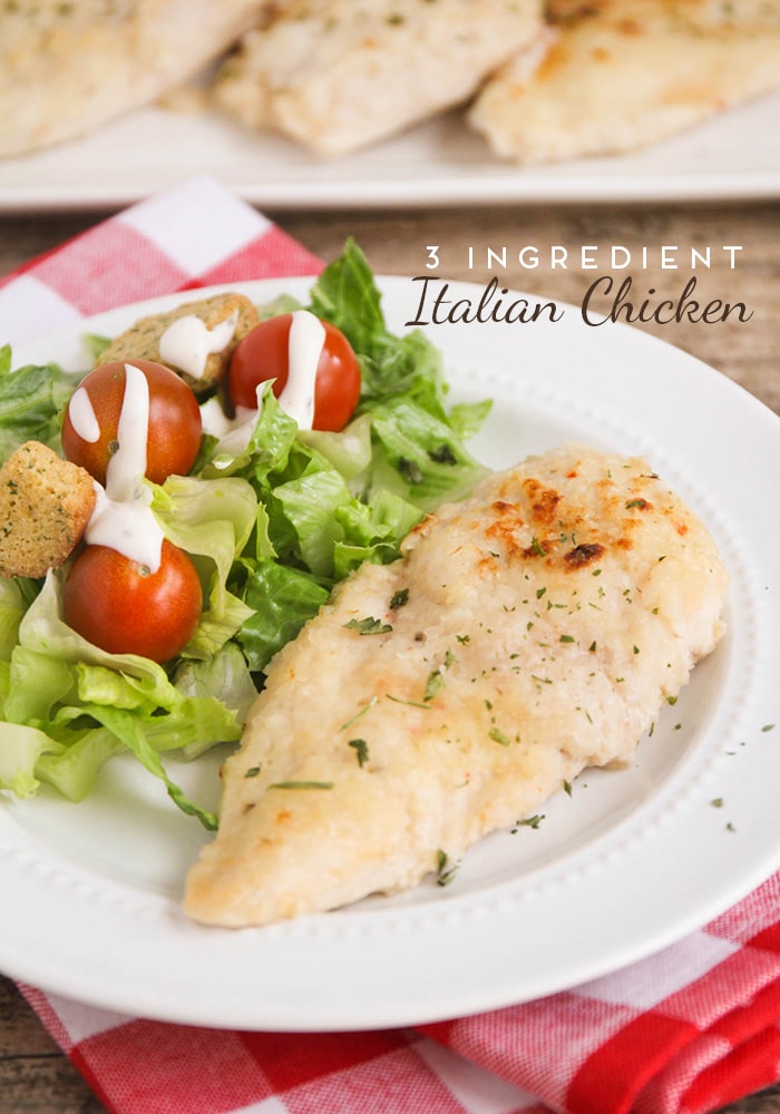 This 3-ingredient crispy baked Italian dressing chicken is not only delicious, but it is also super easy to make! Marinated in Italian dressing, this simple chicken recipe is bursting with flavor! via @somewhatsimple