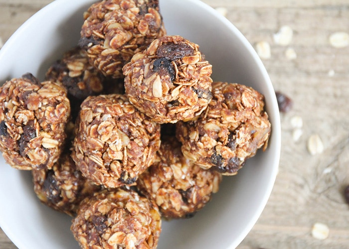 looking down on a bowl of fiber and protein energy bites