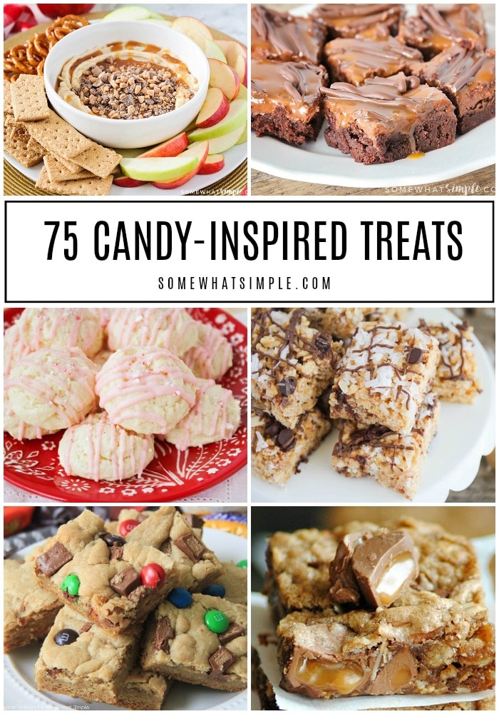 Looking for ways to use that Halloween candy still laying around? Here are 75 candy treats with our favorites candies as the star ingredient!#treats #desserts #easy #candy #recipes via @somewhatsimple