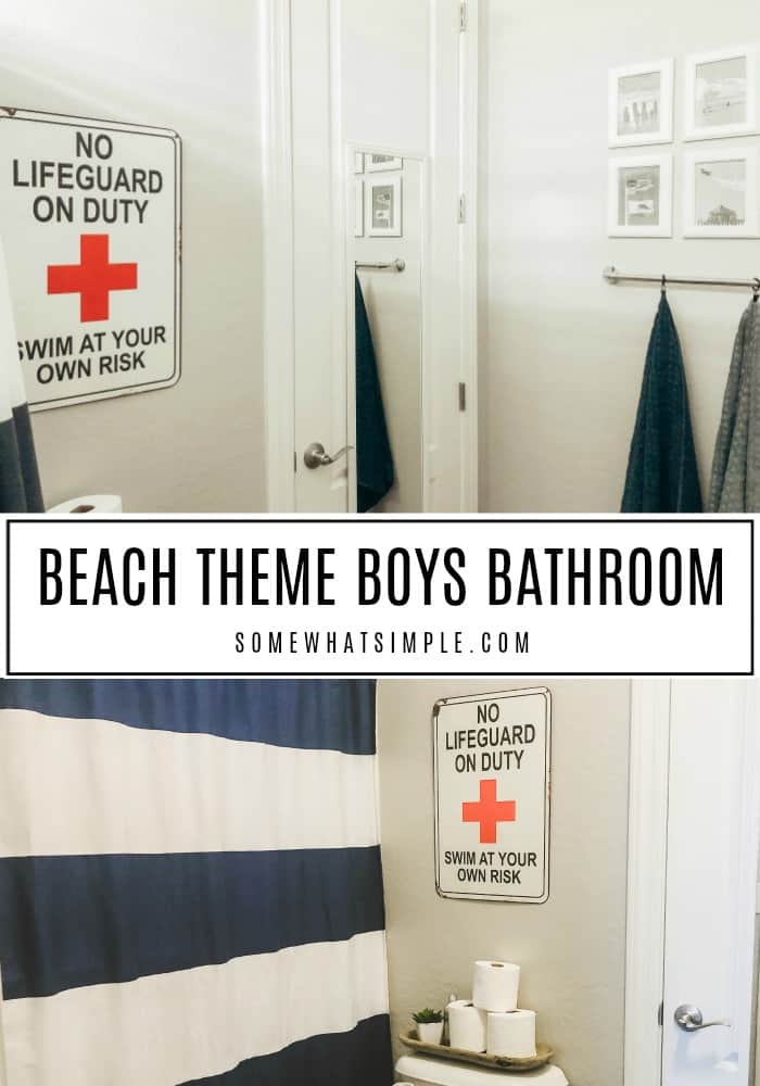 A quick peek at our boys bathroom with ideas on how to update your space without any fuss! #bathroom #bathroomideas #beachbathroom #bathroomdecor #boysbathroom via @somewhatsimple