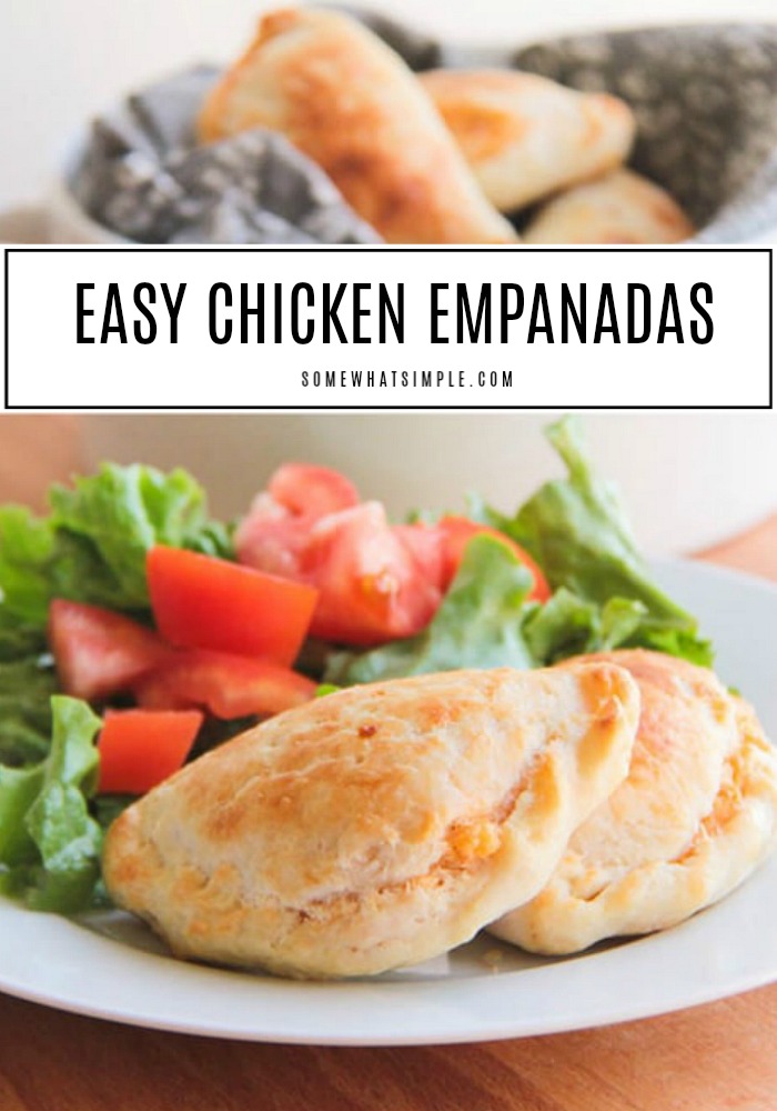 These chicken empanadas not only taste fantastic, they are also super simple and quick to make!  Filled with tender chicken, melted cheese and wrapped in a warm crust, these empanadas are simply irresistible. #empanadas #chickenempanadas #howtomakechickenempanadas #chickenempanadasrecipe #easychickenempanadas via @somewhatsimple