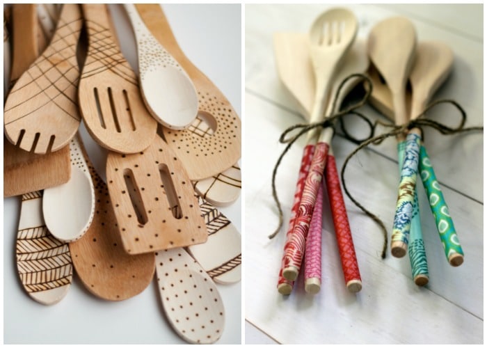 etched wooden spoon and DIY mod podge kitchen spoon gifts for girls