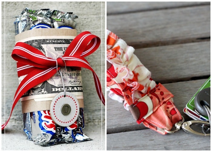 cute candy bars wrapped with money and a ruffled key fob gift for her