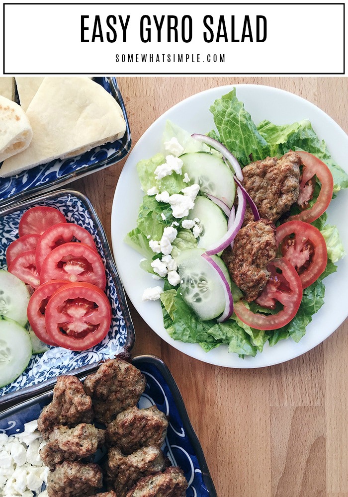 Gyro salads are a delicious taste of the Mediterranean you can enjoy all year long.  Made with meat packed with flavor, fresh crunchy veggies and a creamy tzatziki dressing drizzled on top. coming right up! #gyrosaladrecipe #gyrosalad #gyrosaladdressing #tzatzikidressingrecipe #howtomakeagyrosalad via @somewhatsimple